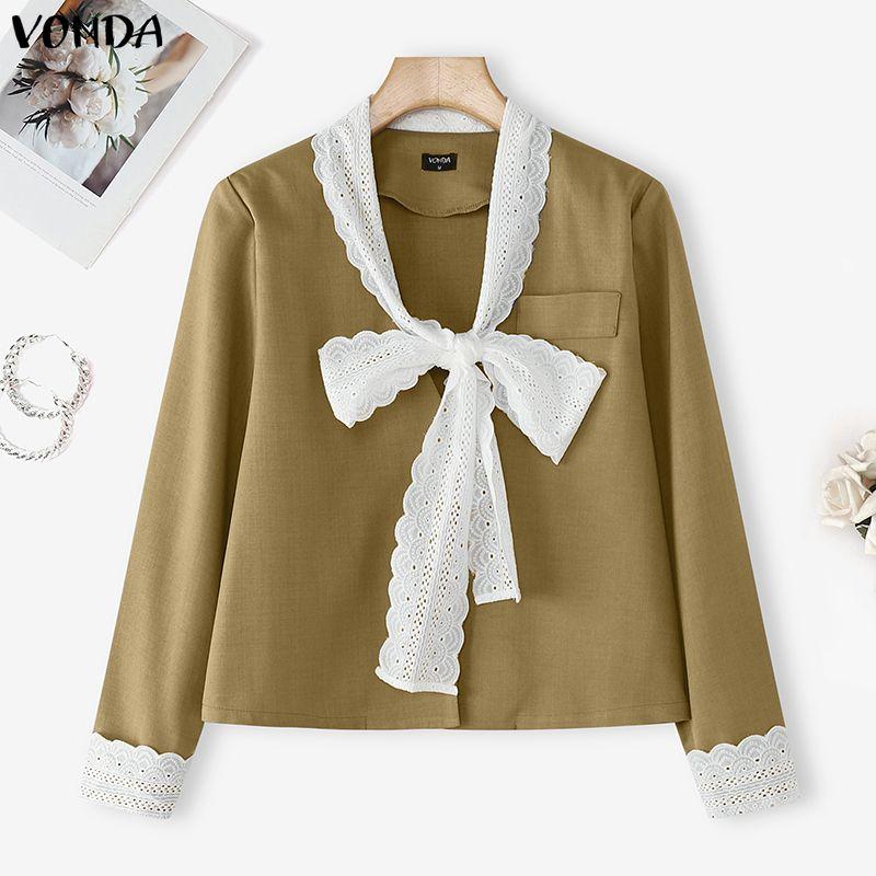 

VONDA Женская повседневная блузка с низким вырезом, кружевом и бантом, с длинным рукавом, элегантная офисная 5XL хаки