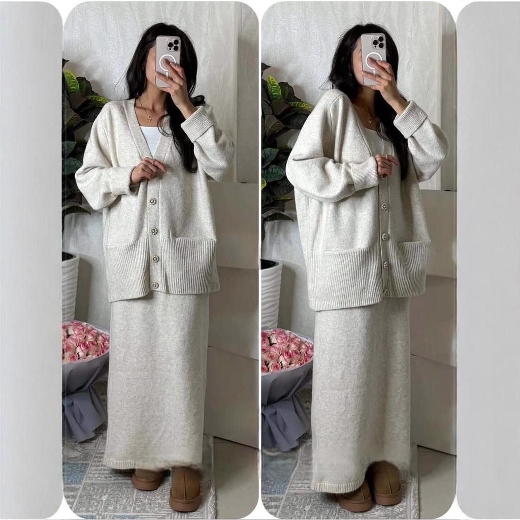 2025 Autumn Women's V-neck Knit Sweater & Long Straight Skirt Set - Soft, Warm, Buttoned Long Sleeves
