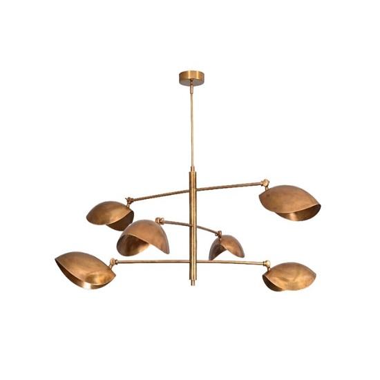 6 Light Curved Pendant Sputnik Chandelier | Mid Century Modern Raw Brass Ceiling Fixture