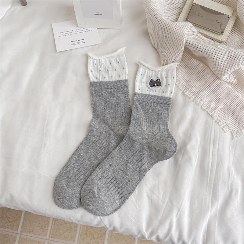 2026 Girls' Trendy Cartoon Mid-Calf Cotton Socks - Seamless, Cute, Puffy White Design