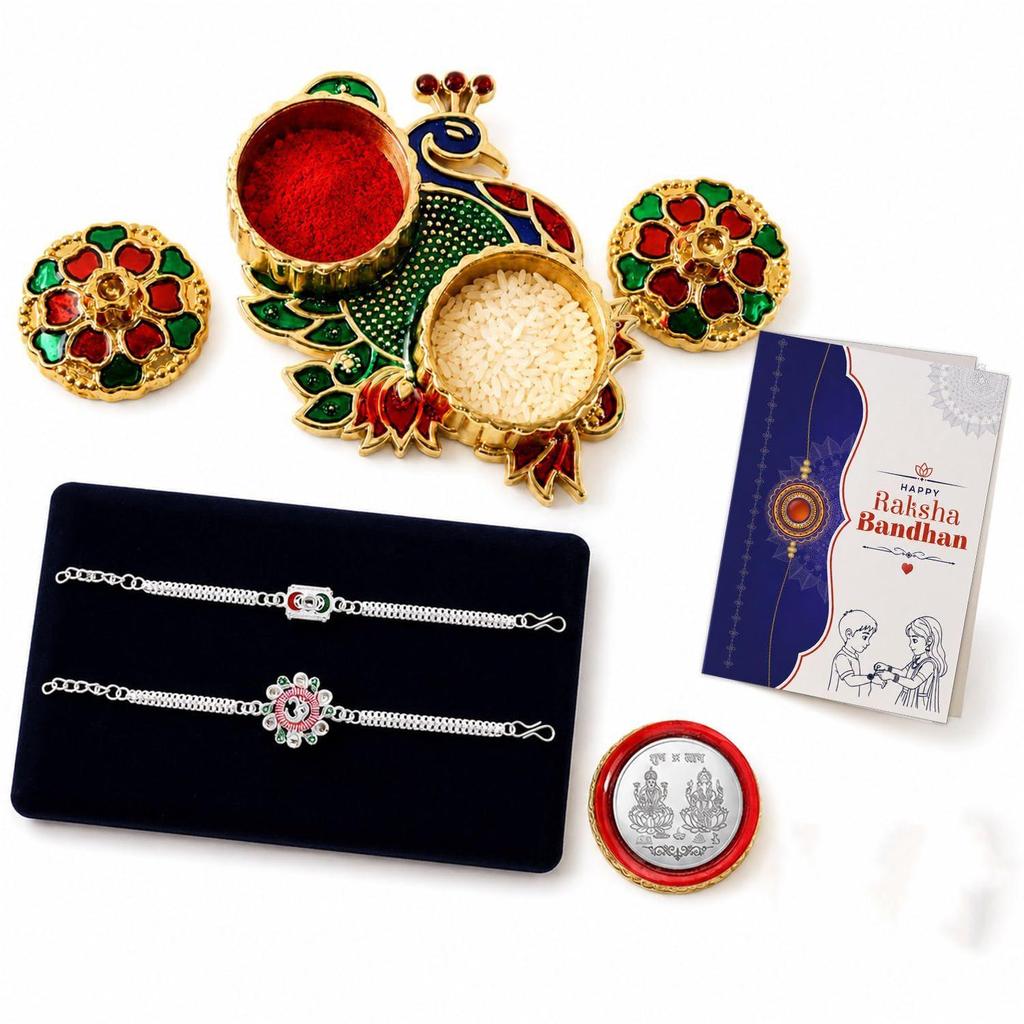 Oblivion Silver Rakhi Set for Brother – 2 Designer Bracelet Rakhis with Premium Pooja Thali,