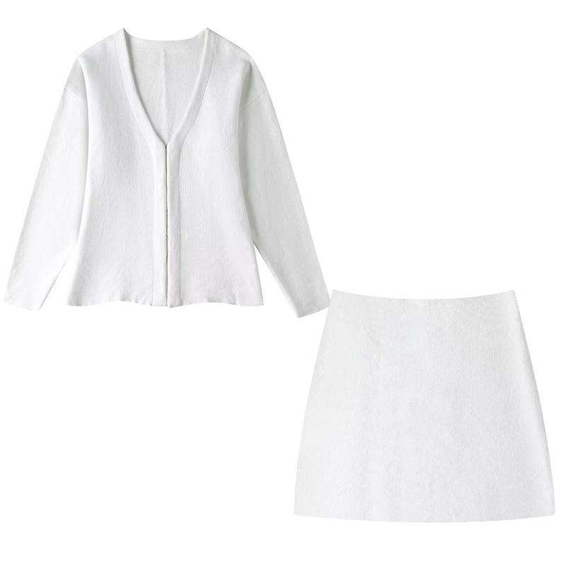 Fashion Knitted Skirt Sets For Women Elegant V-neck Lantern Sleeve Tops Hip Package Mini Skirts Street Lady Sets