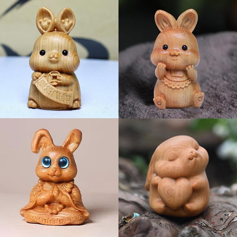 1Pc Wood Carving Easter Rabbit Ornaments Rabbit Figurine Cute Bunny Ornament Home Office Desktop Decor Car Decoration Party Gift