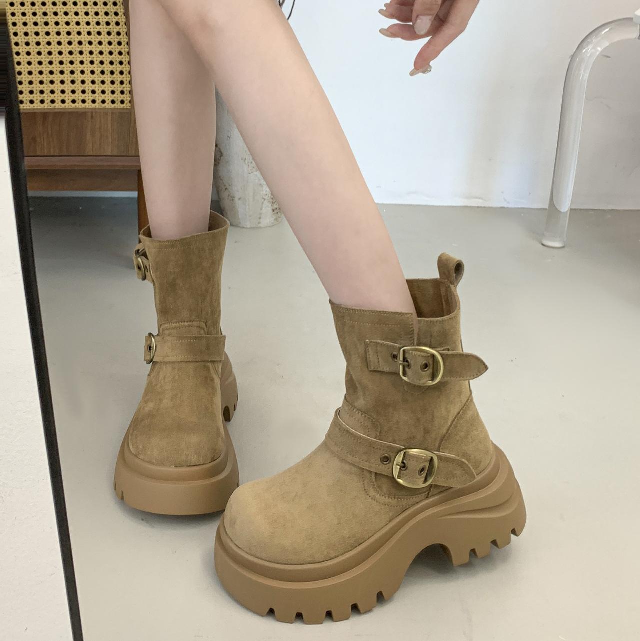 

Super Fire Belt Buckle Martin Boots Women s 2025 Early Autumn New Retro Thick-soled Maillard Western Cowboy Medium Boots 40