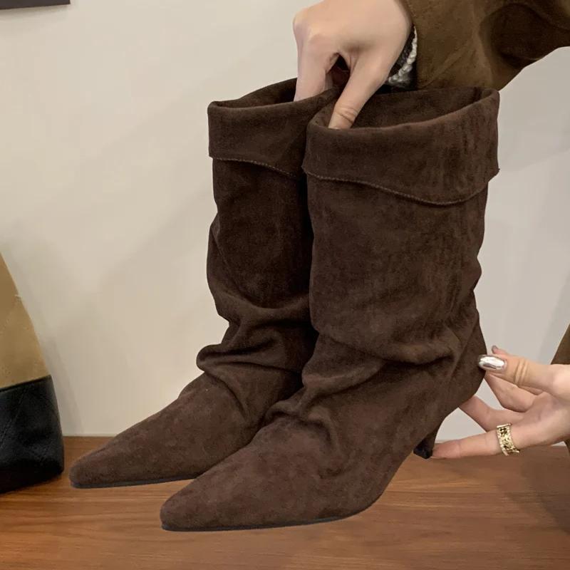 Aneikeh Winter Vintage Turned Over Edge Ankle Boots Women Designer Pointed Toe Thin Low Heel Shoes SHort Botas Zapatos De Mujer