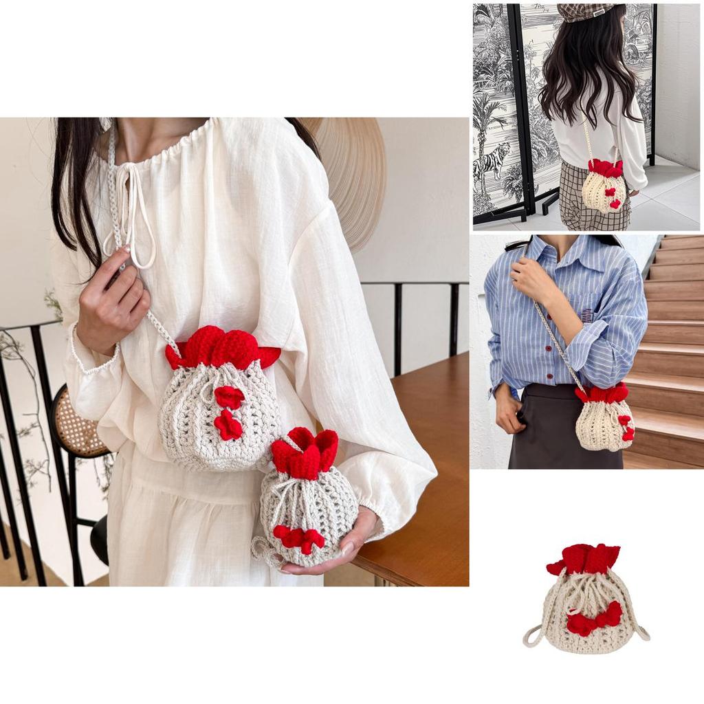Minimal gewebte Umhängetasche mit Blumenmuster und Kordelzug für den täglichen Gebrauch