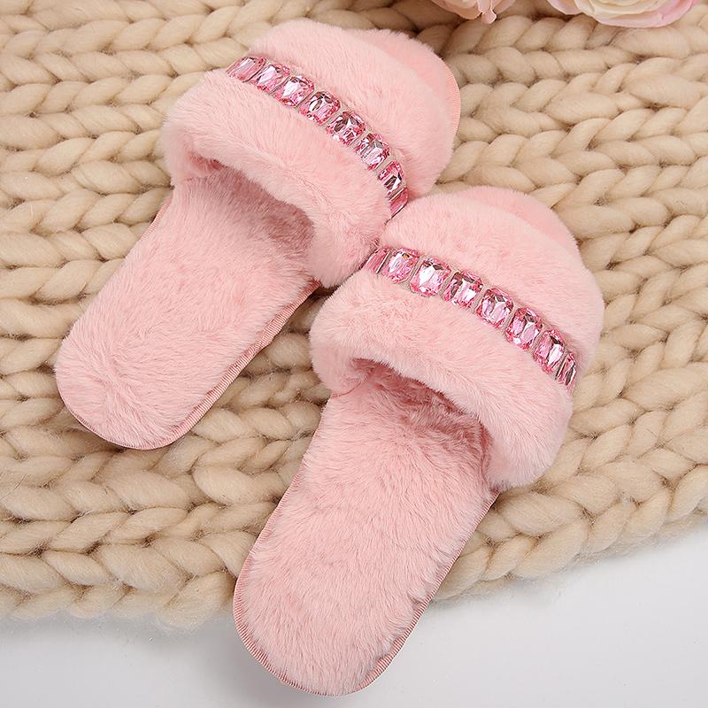 Fashion Rhinestone Fluffy House Slippers for Women 2025 Winter Warm Faux Fur Flat Slides Woman Open Toe One Strap Plush Slippers