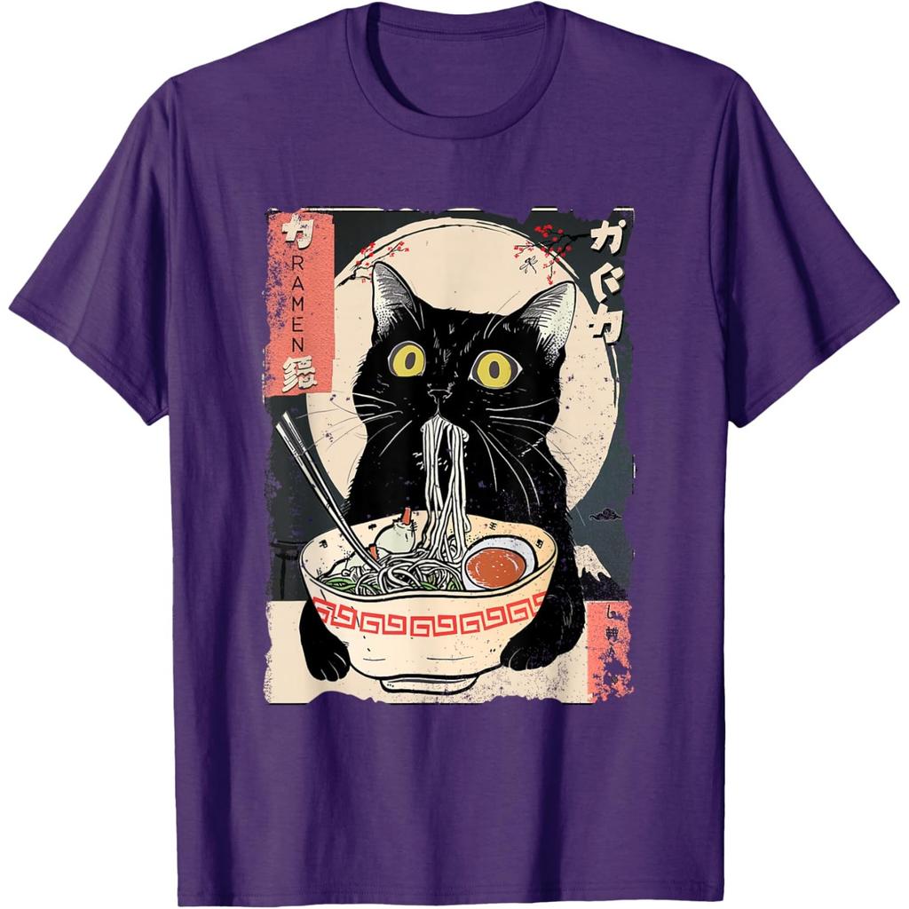 Black Cat Eating RaUnisex Japanese Ukiyo Style Graphic Tee T-Shirt Anime Food Lover Gift
