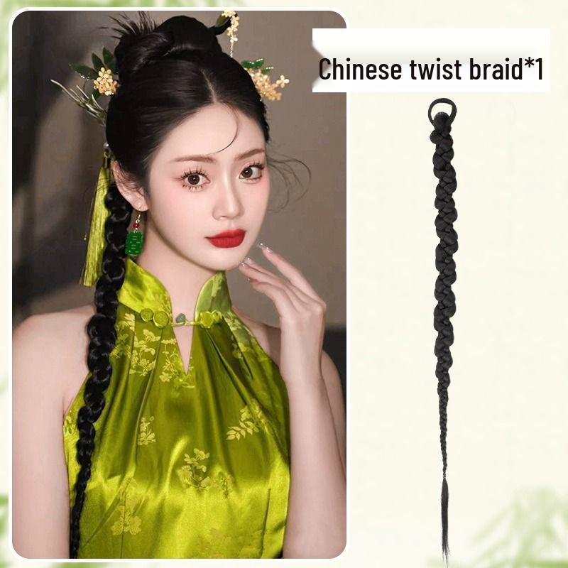 Golden Thread Chinese Five-Strand Fishtail Braid Ponytail & Flower Bun Bridal Hair Robe for Photography