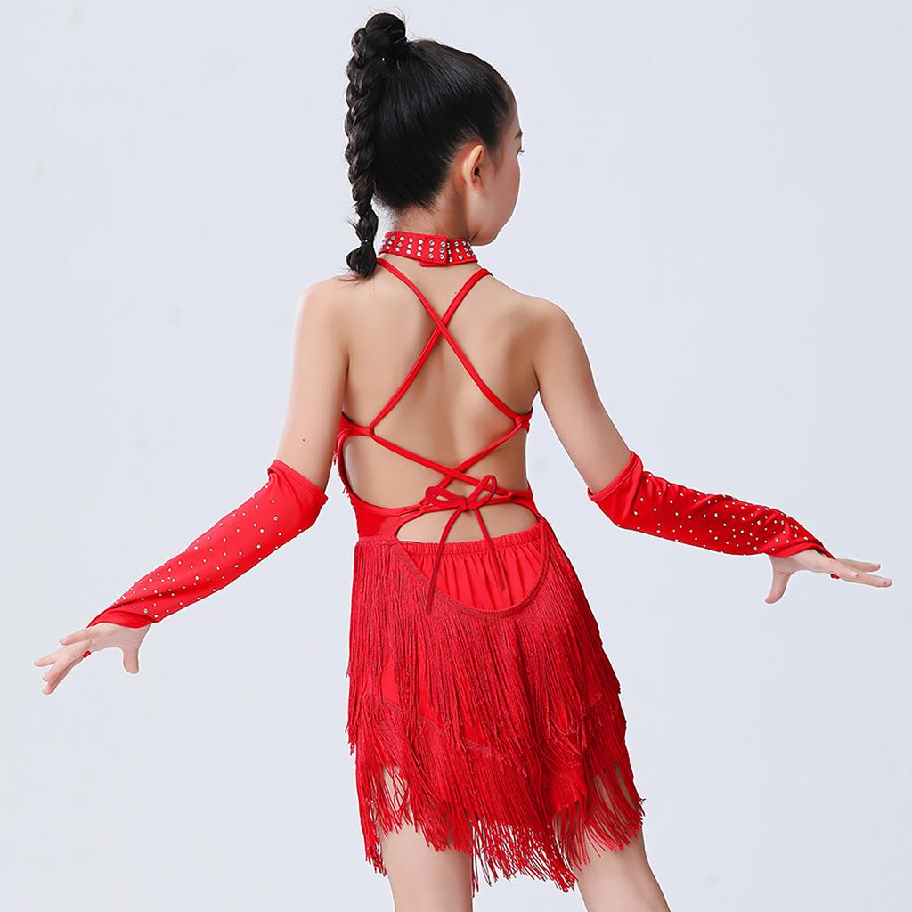 Vestido de Danza Latina para Niñas Niños Diamantes Brillantes Halter Sin Mangas Borlas Vestido de Baile Samba Rumba Jazz Cha Cha Disfraz de Baile