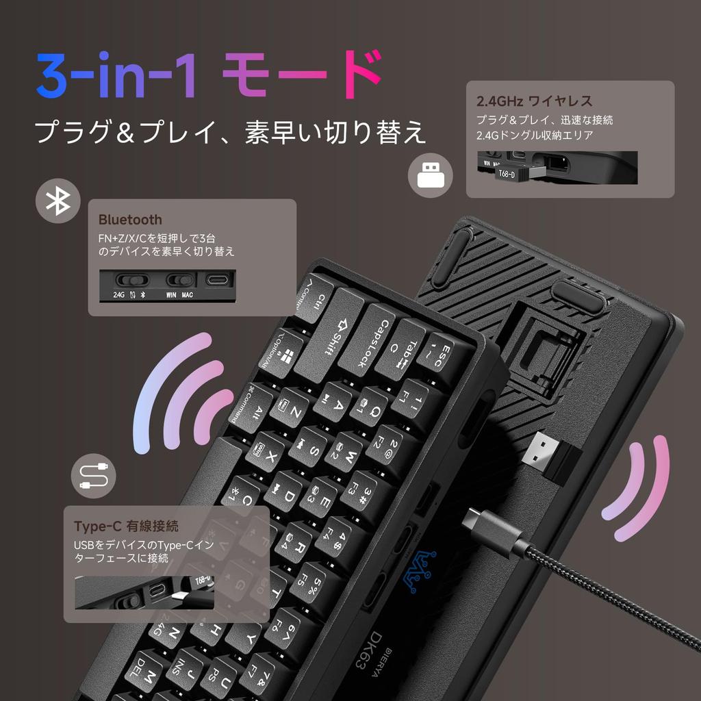 Dierya DK63 Wireless Gaming Mechanical Keyboard, Bluetooth2.4GWired Connection, Red Mechanical Switches, 60% RGB Backlight, Full Key Collision-Free,