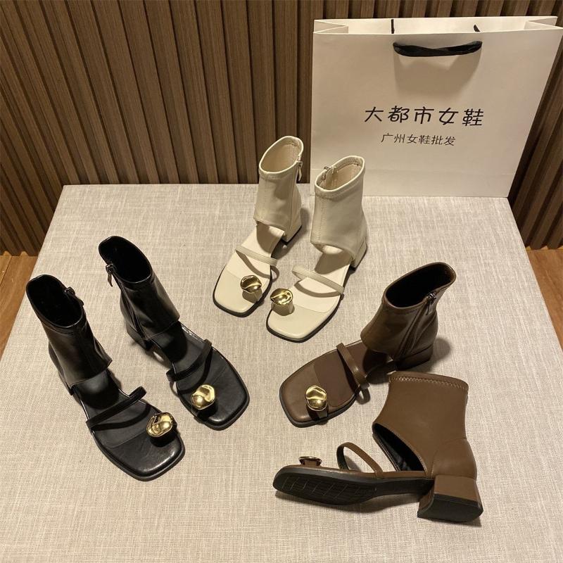 Fashion Design Sensation Black Sandals Women 2025Summer Square Head Thick Heel Bootie Hollow Out Side Zipper Toe Short Boot Korean Style