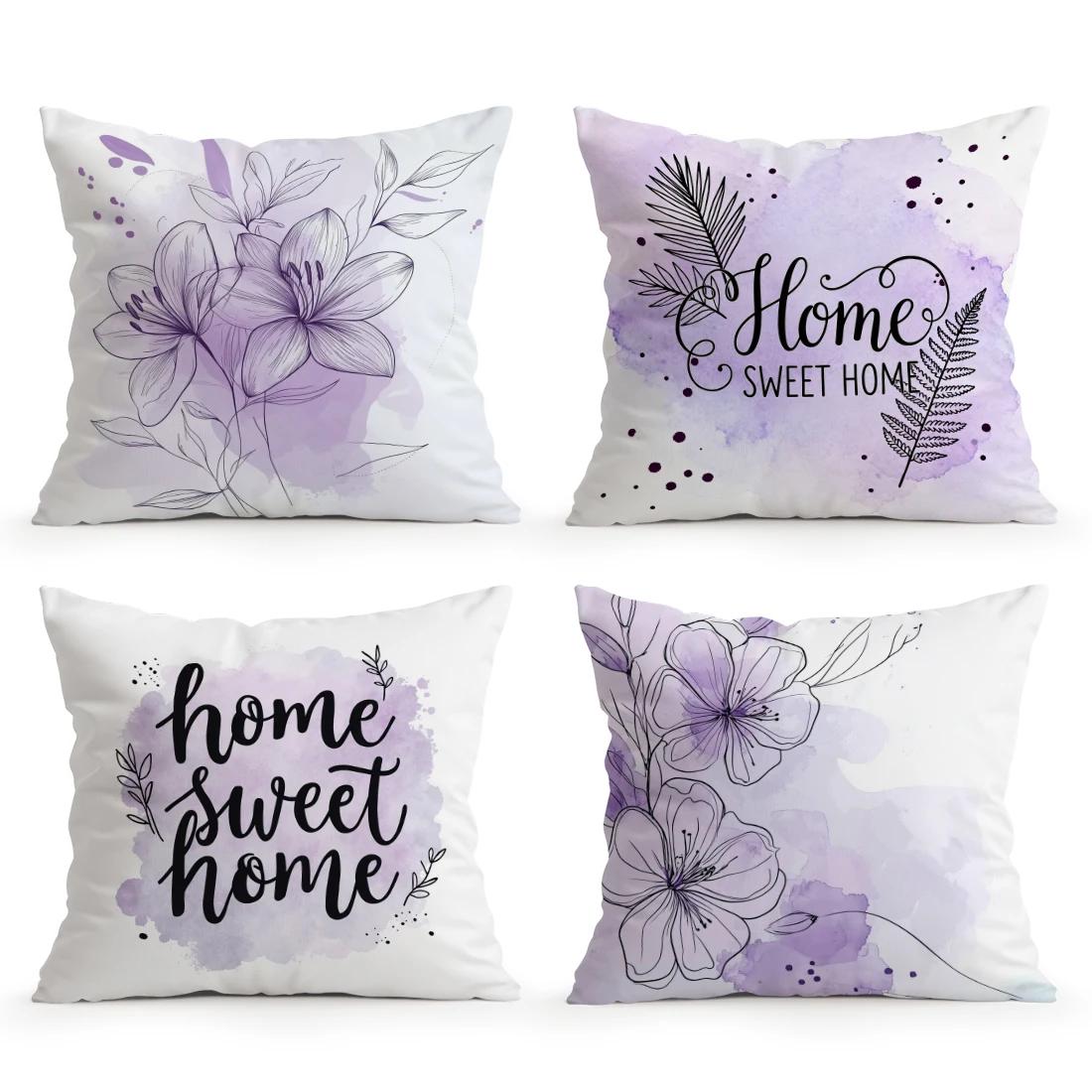 4Pcs Purple Flower Cushion Covers Single-sided Printed 45CM Throw Pillow Case Cover Sofa Cushion Home Room Decor 4PCS