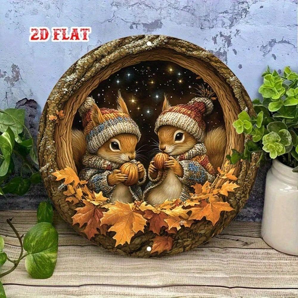 [Upgraded 2D Flat] 1pc Round Aluminum Sign Winter Squirrel Nut Rustic Metal Wall Art Home Decor 7.87x7.87 Inch