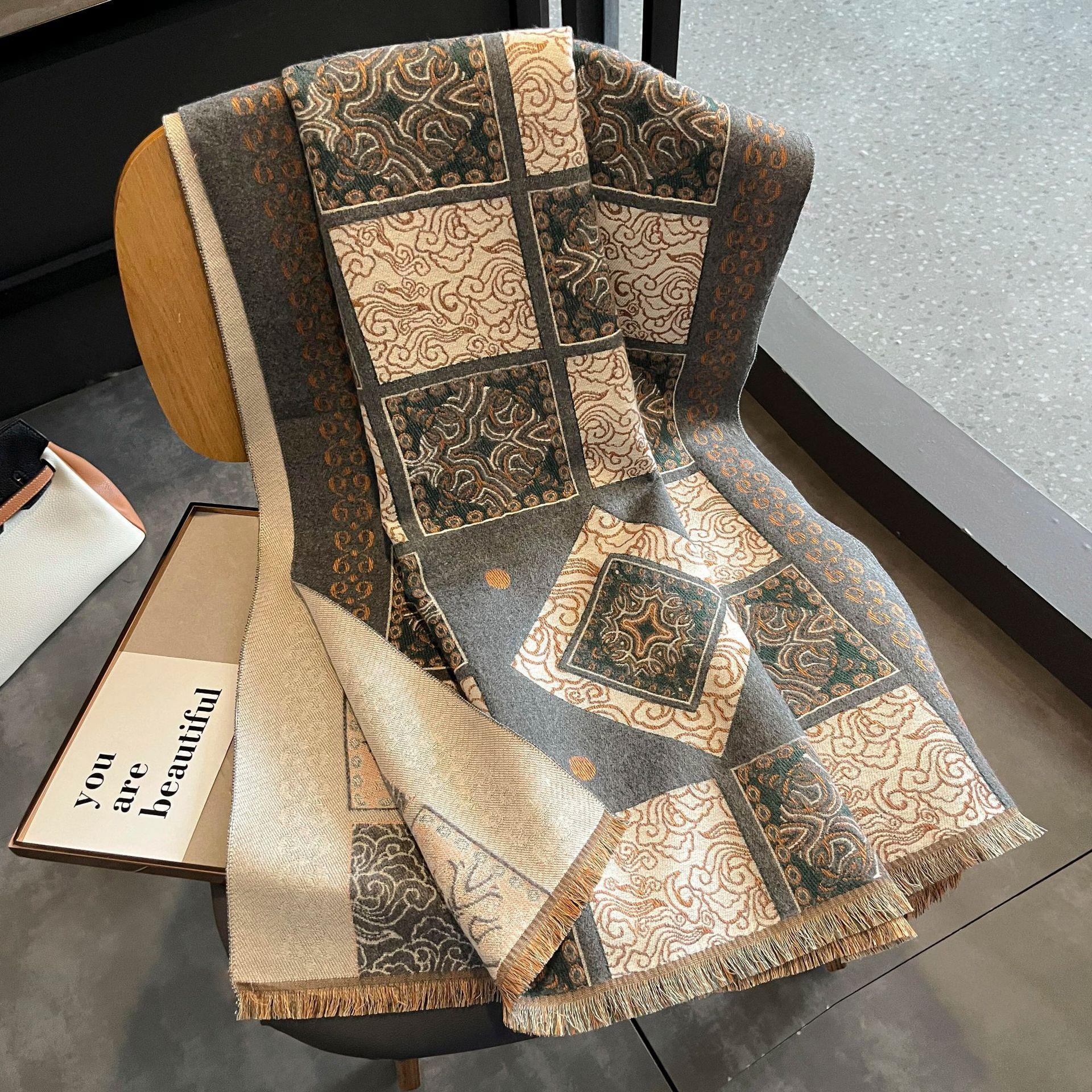 

Imitation Cashmere Scarf Women s Autumn and Winter New Retro Totem Shawl Thickened Warm Loose Beard Scarf 190*65cm