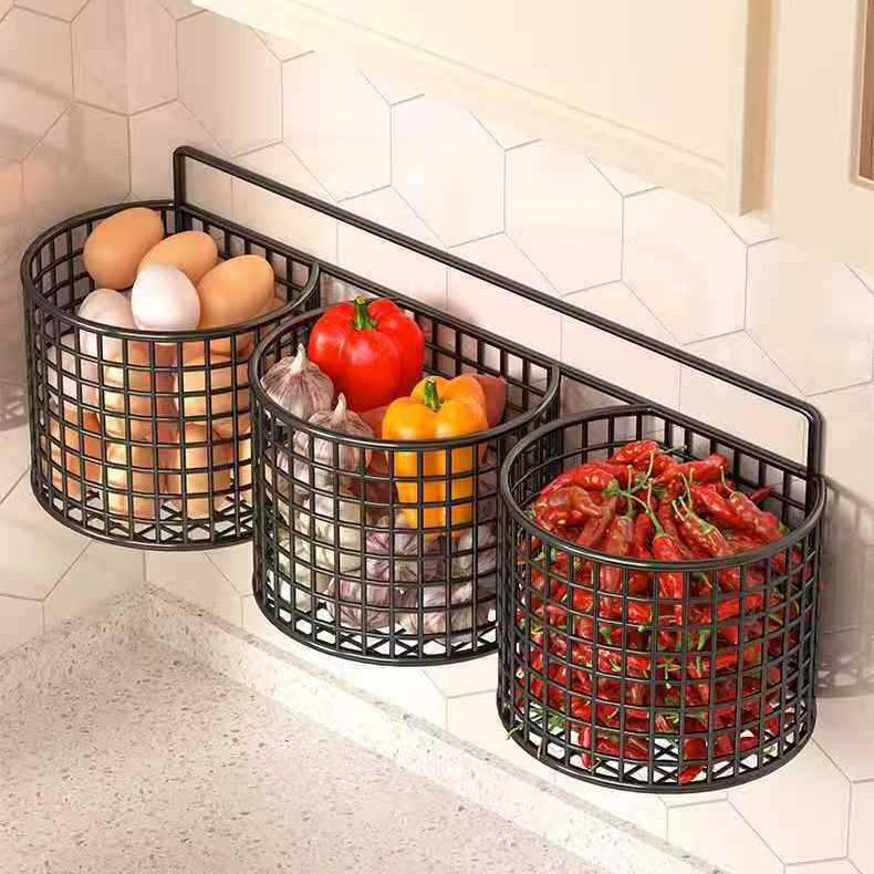 Wall-Mounted Kitchen Storage Basket for Spices, Scallions, Ginger, and Garlic - Punch-hole Design