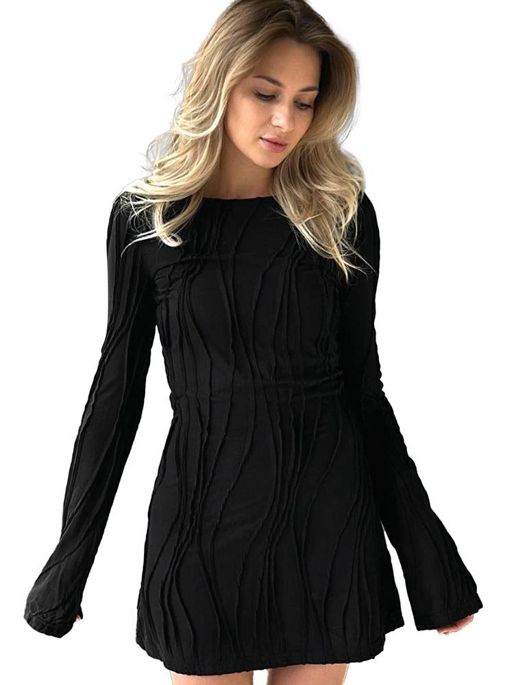 Women's Autumn Solid Color Round Neck Wavy Stripe Long Sleeve Bodycon Dress