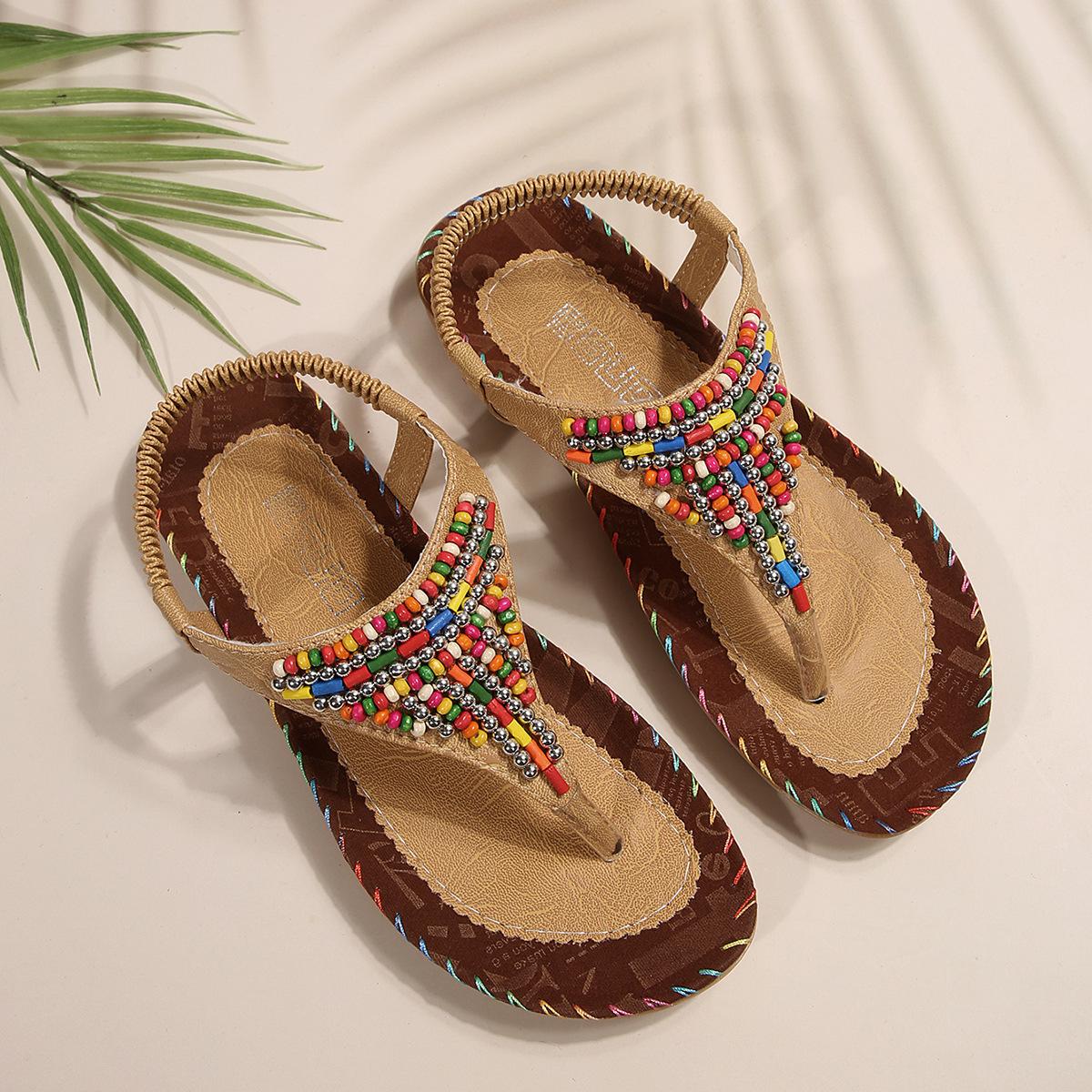 

Ethnic style foot cover women s sandals spring and summer new flat bottom beaded toe sandals women s flat heel cover beach women s shoes 41 світло-коричневого кольору