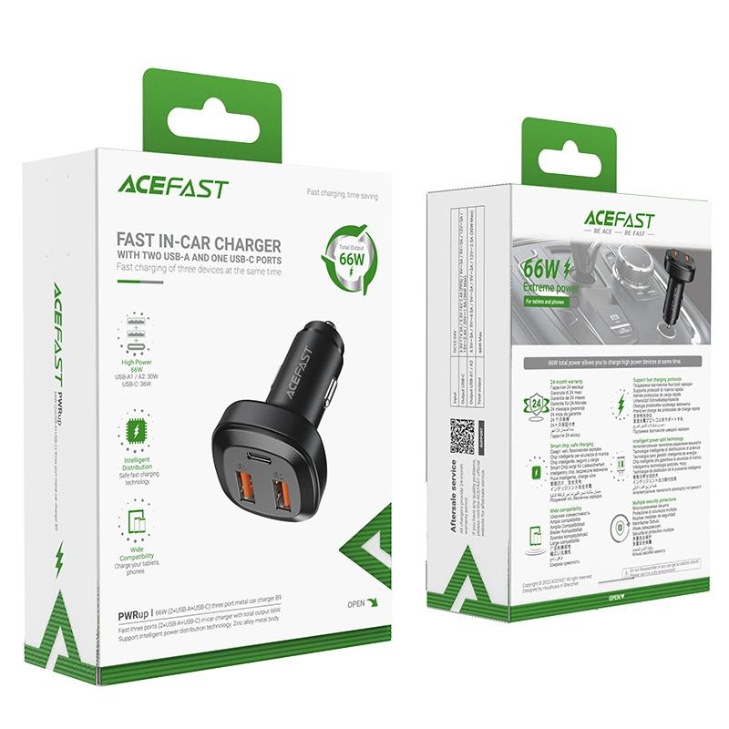 Acefast Car Charger 66W 2X Usb / Usb Type C, Pps, Power Delivery, Quick Charge 4.0, Afc, Fcp, Scp Black (B9)
