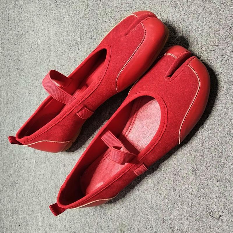 Dámské baleríny Tabi s rozdělenou špičkou z umělého semiše, patchworkové, jarní podzimní Mary Janes, vycházkové mokasíny, ležérní dívčí taneční obuv