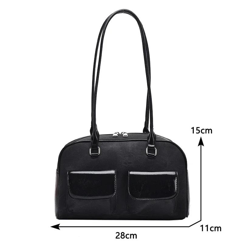 Korean Fashion Womens Shoulder Bag Soft Suede With Pu Leather Bowling Handbag Casual Luxury Vintage 2024 New Boston Tote Bag