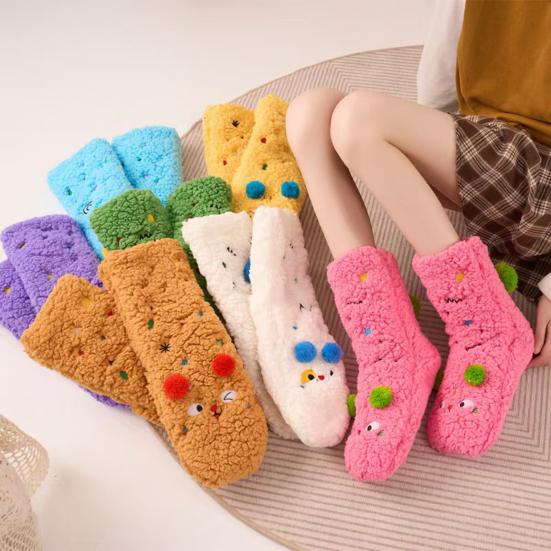 1 Pair Women Socks Cartoon Pattern Thickened Warm Knitting Socks Non-Slip Plush Pilling Resistant Floor Socks