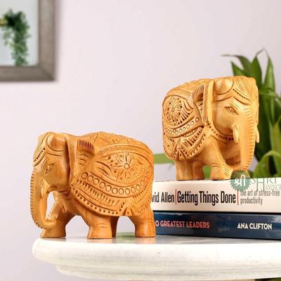 Wood Elephant Pair Down Trunk Statue Carving Figurine Showpiece for Home Decor(Set of 2, Brown)
