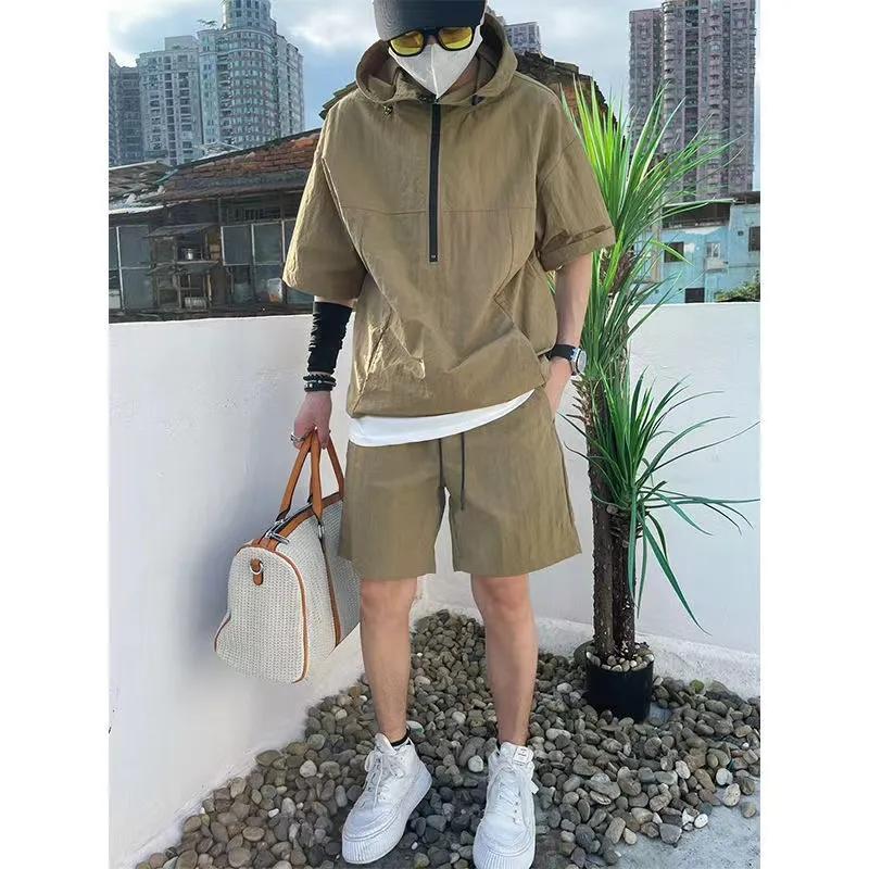 Men's Summer Solid Color Suit Loose Hooded Zipper Style Top + Work Shorts Two Piece Set
