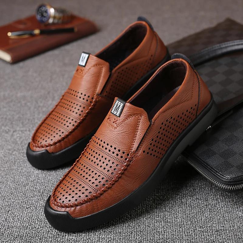 Summer Hollow Out Microfiber Leather Mens Casual Shoes Man's Flat Loafers Office Business Dress Male Work Walking Driving Shoes