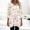 Womens Tops V-neck 3/4 Sleeve Blouses Casual Mid-length Shirts Fashion Print Tunic Tops With Pockets