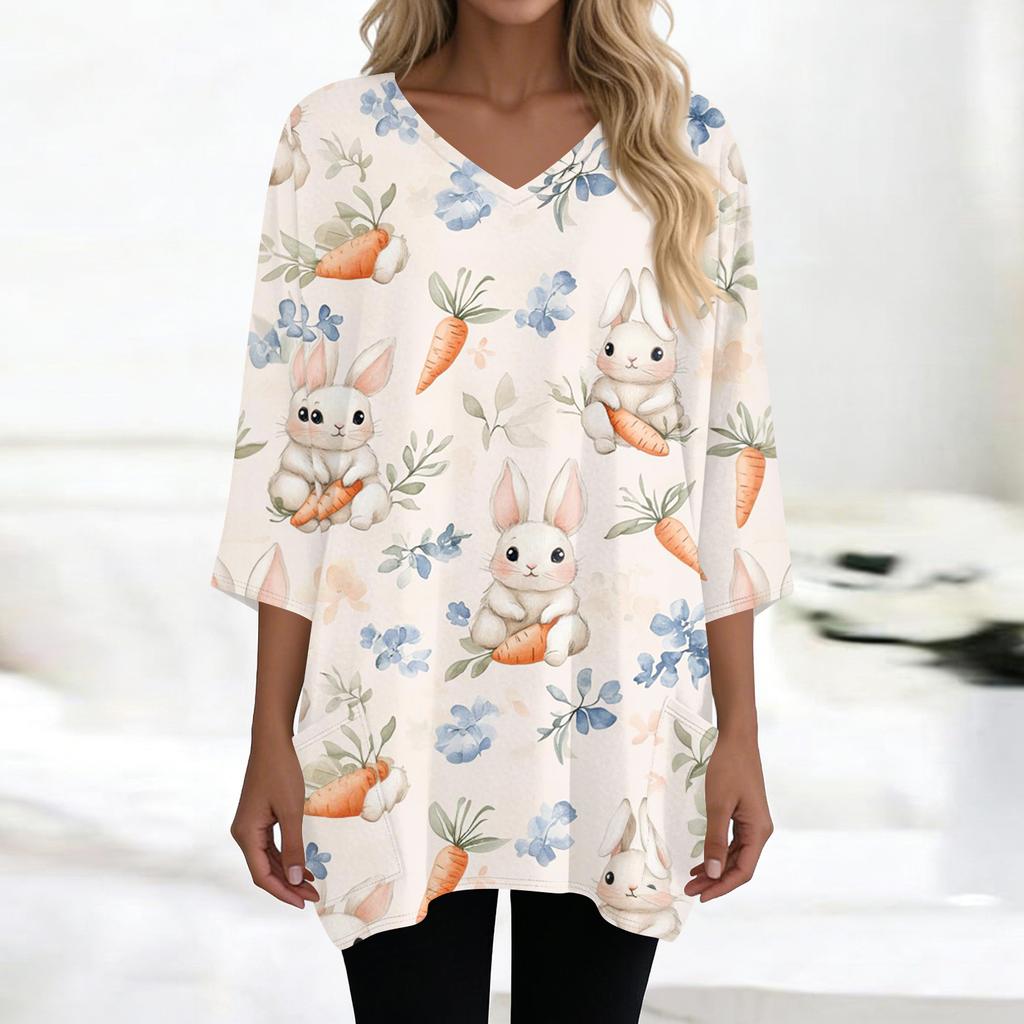 Womens Tops V-neck 3/4 Sleeve Blouses Casual Mid-length Shirts Fashion Print Tunic Tops With Pockets