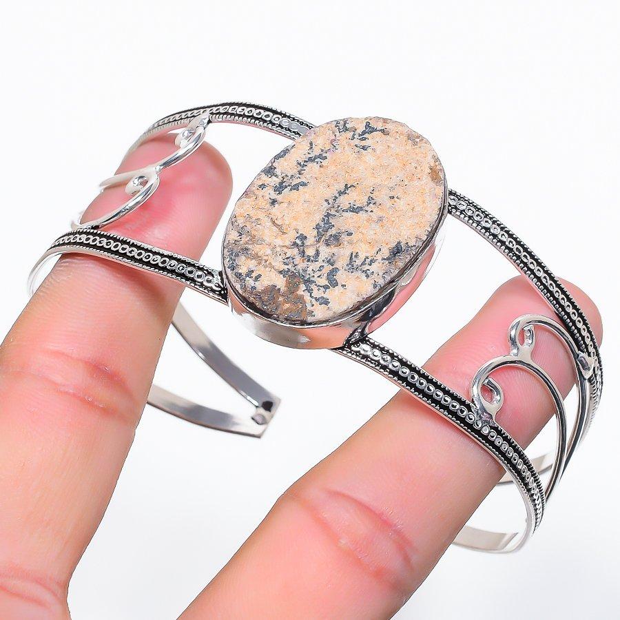 Natural Psilomelane Dendritic 925 Sterling Silver Cuff Bangle Adjustable F6y25