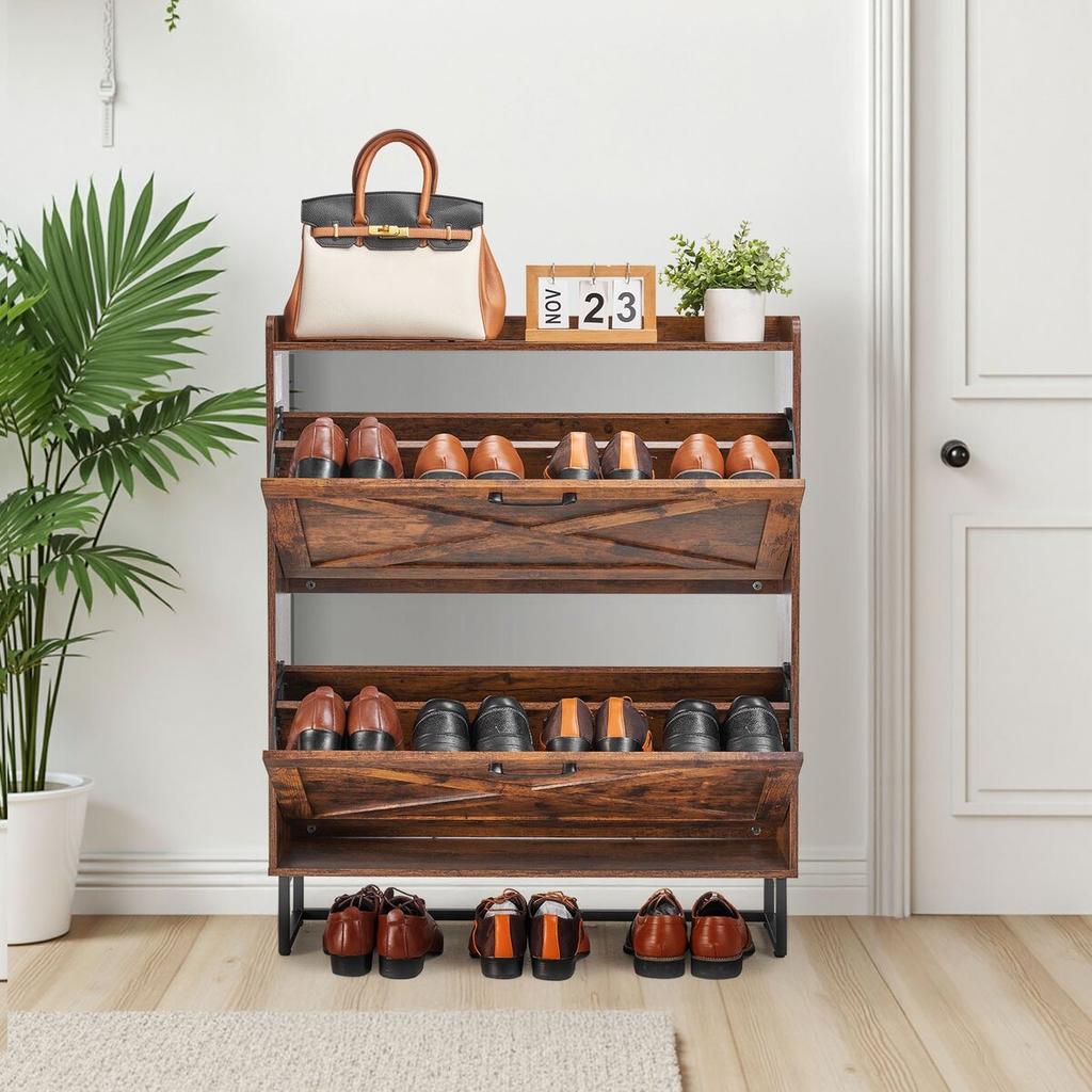 Shoe Cabinet with 2 Flip Drawers, Farmhouse Shoes Storage Cabinet with Metal Legs and Anti-Tipping Device, Freestanding Shoe Organizer Ideal for