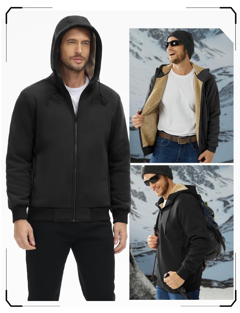 KEFITEVD Black Cold Weather Training Thick Padded Winter Sports Pullover Warm Jersey Solid Size L Men's Sweatshirt, Wear, Fleece-Lined Jacket,