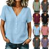 Women Casual V Neck Button Front Top with Pocket Short Sleeve Relaxed Fit Blouse Lightweight Comfortable Fabric