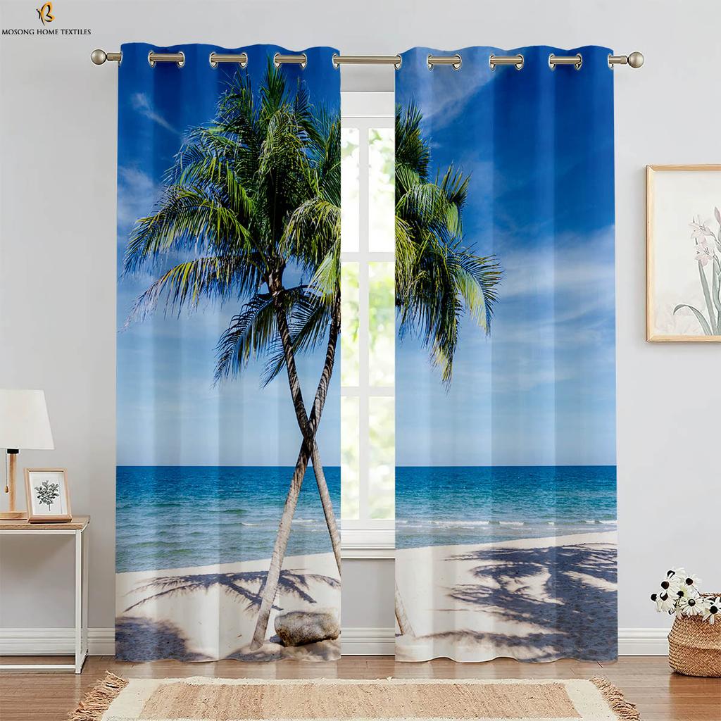 2 Pieces Of Blue Sky Beach Seaside Scenery 3D Stereo Printing Curtains Kitchen Bedroom Living Room Window Decoration Curtains