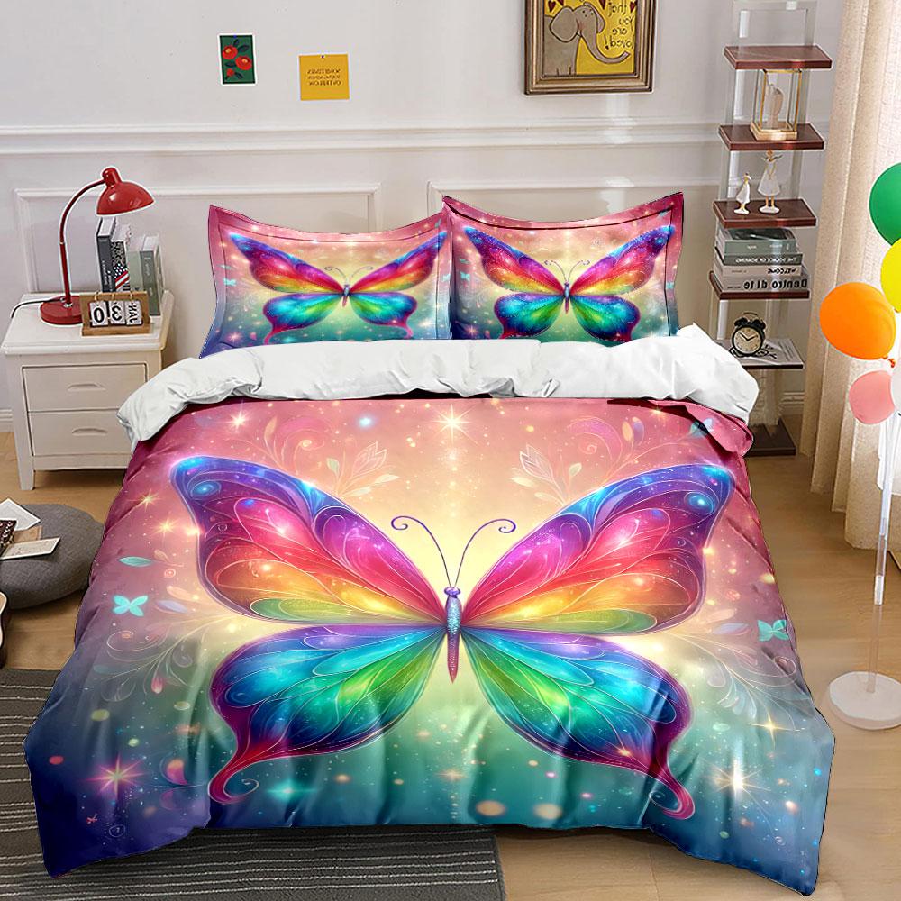 Colorful Dreamy Butterfly With Starlight Print Bedding Set 1 Duvet Cover 2 Pillowcases For Adult Children Luxury Gift Full Size