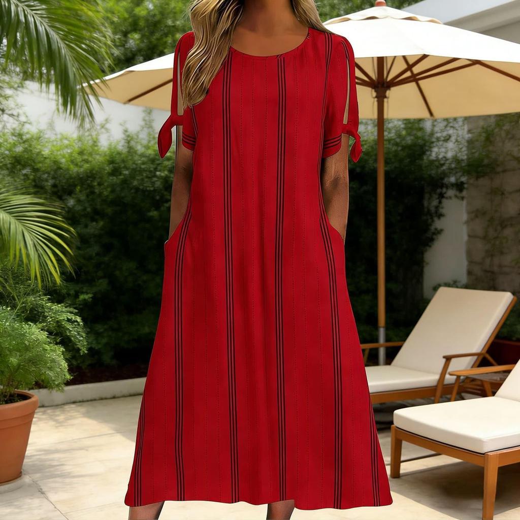 Women Summer Casual Round Neck Striped Dress Short Sleeve Loose Fit Midi Dress with Side Tie Sleeves and Pockets