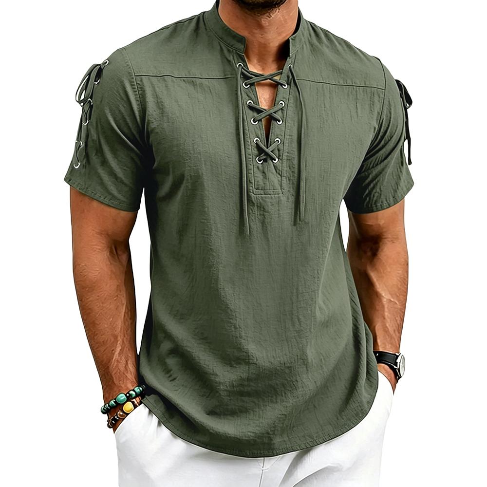 Herren Mandarinkragen Schnürung Henley-Shirt Kurzarm Vorder- und Schulter-Spitzenverzierungen Lässiges Sommer-Strand-Tunika-Oberteil XL grün