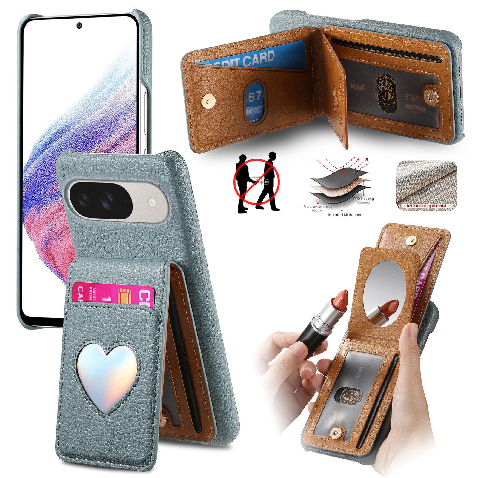 

Чехол с зеркалом и держателем для карт для Google Pixel 10 Pro/10/9 Pro/9 с блокировкой RFID, текстура личи, ПУ, ПК, задняя крышка для телефона Baby Blue