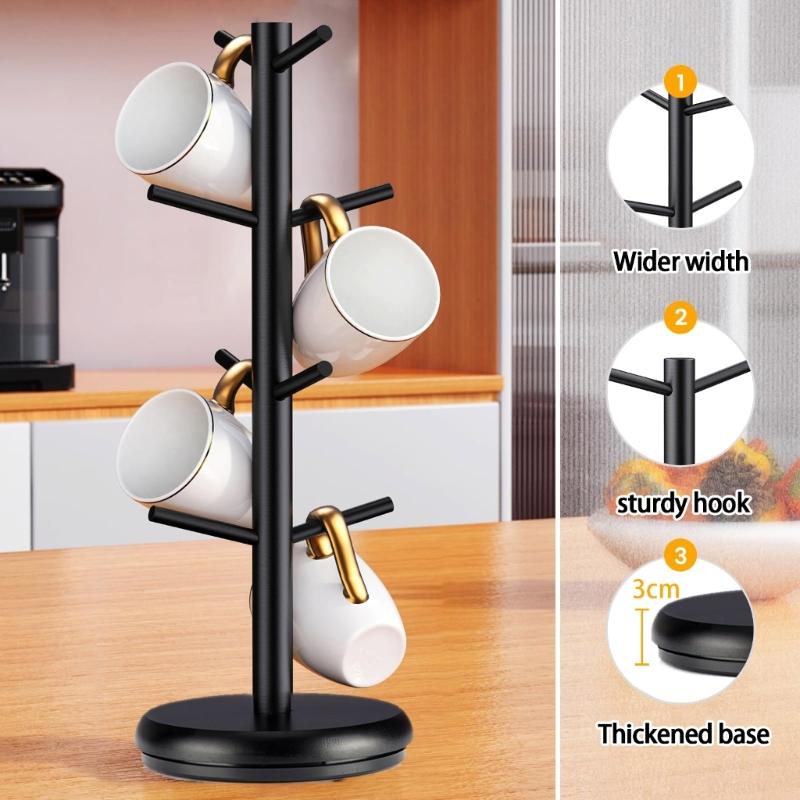 Modern Black Bamboo Mugs Tree Stand With 8 Hanging Hook, Space Saving Coffee Cup Organizers
