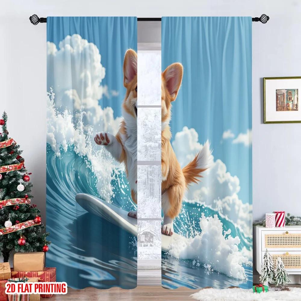 Flachdruck Vorhänge Niedlicher Hund Surfen Welle Digital Bedruckt Polyester Party Dekorationen Verwendung Feiertagspartys Vorhang Set von 2 Stück Hergestellt Waschbar