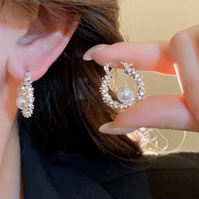 Gold Plated Imitation Pearl Zircon Earring For Women Girl Party Gift Circular Temperament Banquet Jewelry