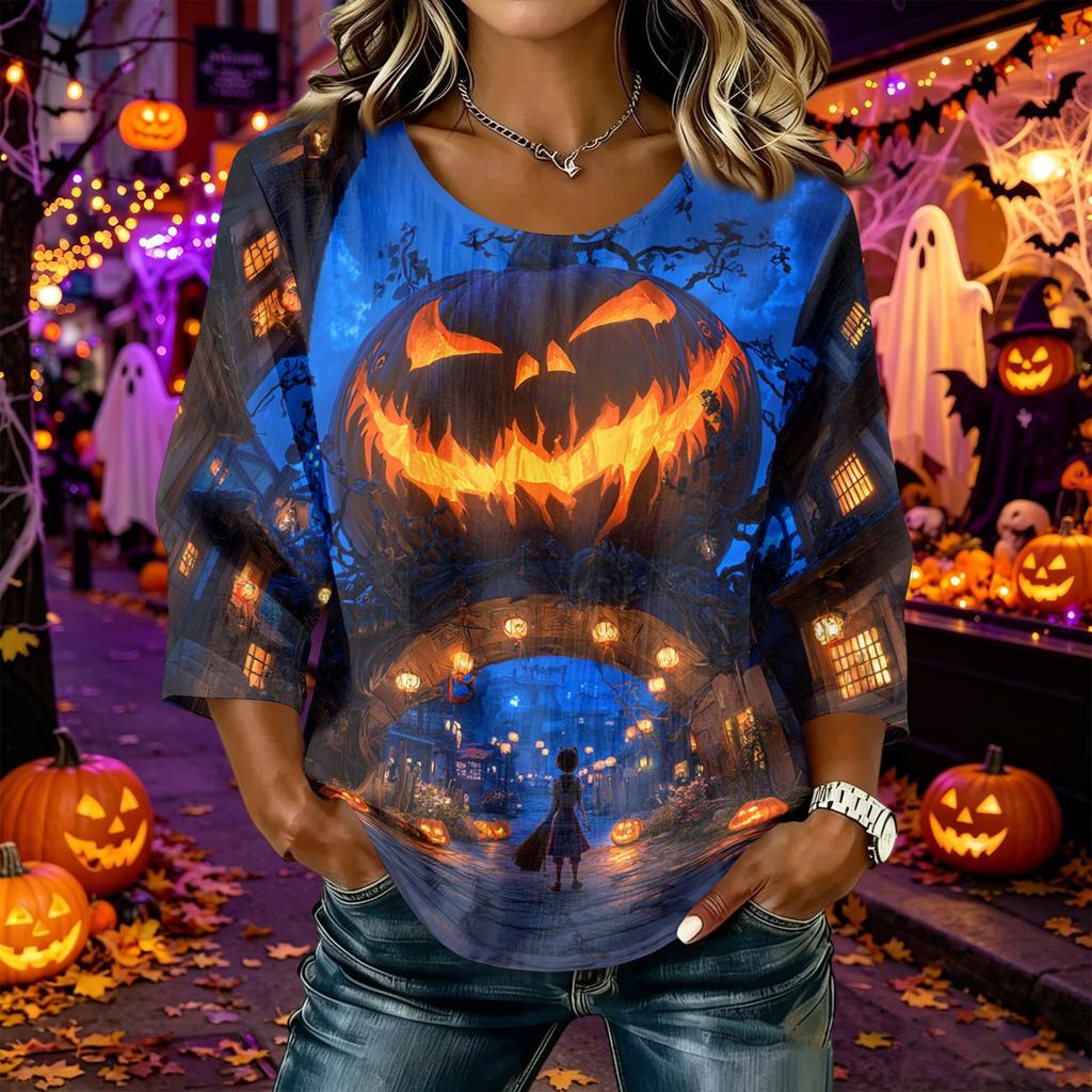 Women's Casual Halloween Print Round Neck Three Quarter Sleeve Linen Cotton Blend Top Comfortable Loose Fit Autumn Shirt