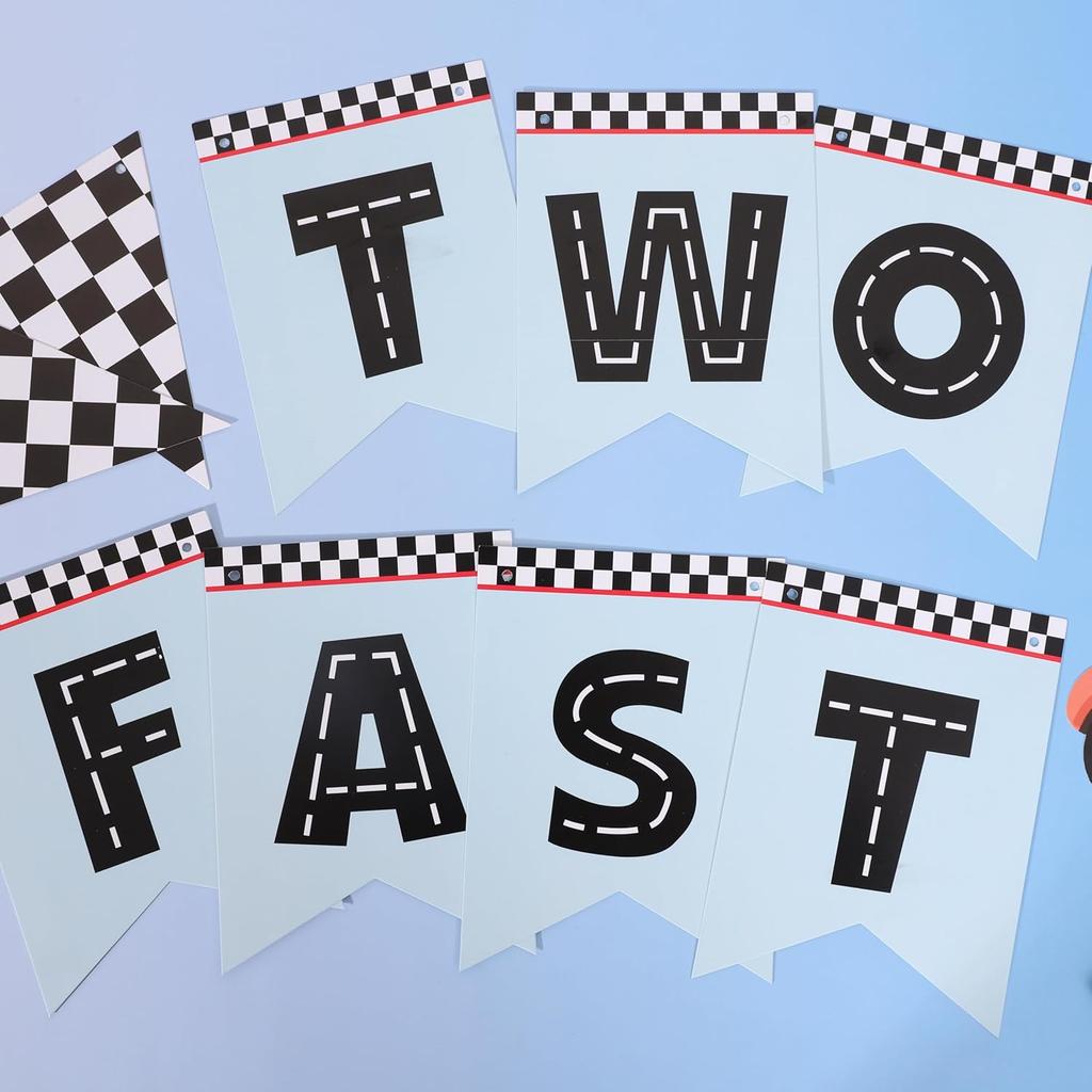 Two Fast Banner - Two Fast Birthday Decorations,Racing Second Birthday Decorations,Race Car Party Flag Banner