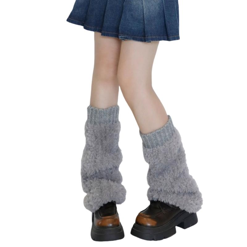 Ribbed Knit Cuffs Furry Leg Warmers for Women Students Winter Furry Plush Boot Covers Stretchy Calf Socks Streetwear
