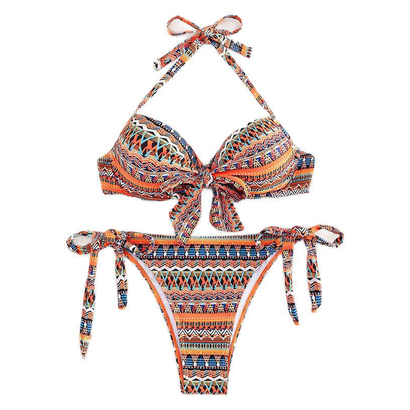 2025 European & American Split Bikini with Lace-Up Bowknot & Print Design