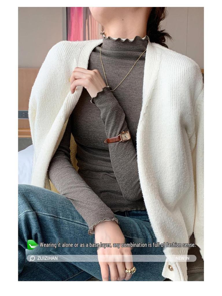 H360 Women's Lace Knit Ruffle High Neck Slim Fit Base Layer for Autumn/Winter