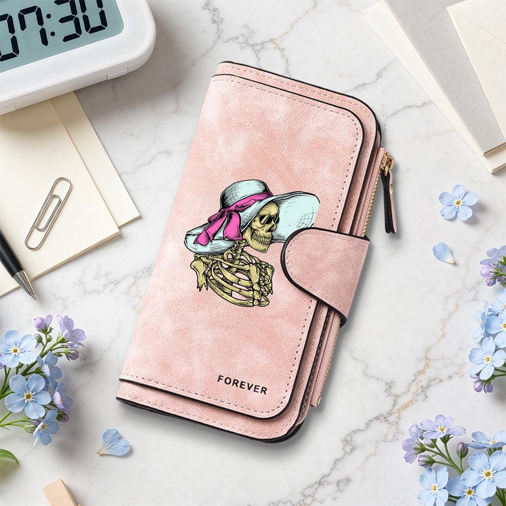 Chic Skeleton Lady Pattern Wallet Forever PU Leather Long Purse with Multiple Card Slots Zipper Pocket for Daily Use