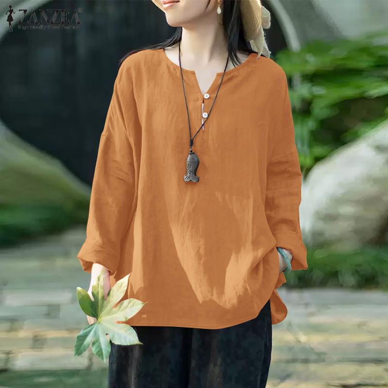 ZANZEA Women Loose V-Neck Casual Long Sleeve Plain Blouse
